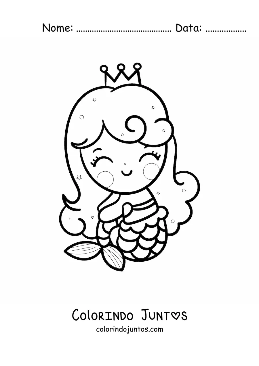 Desenho para colorir de sereia kawaii sentada