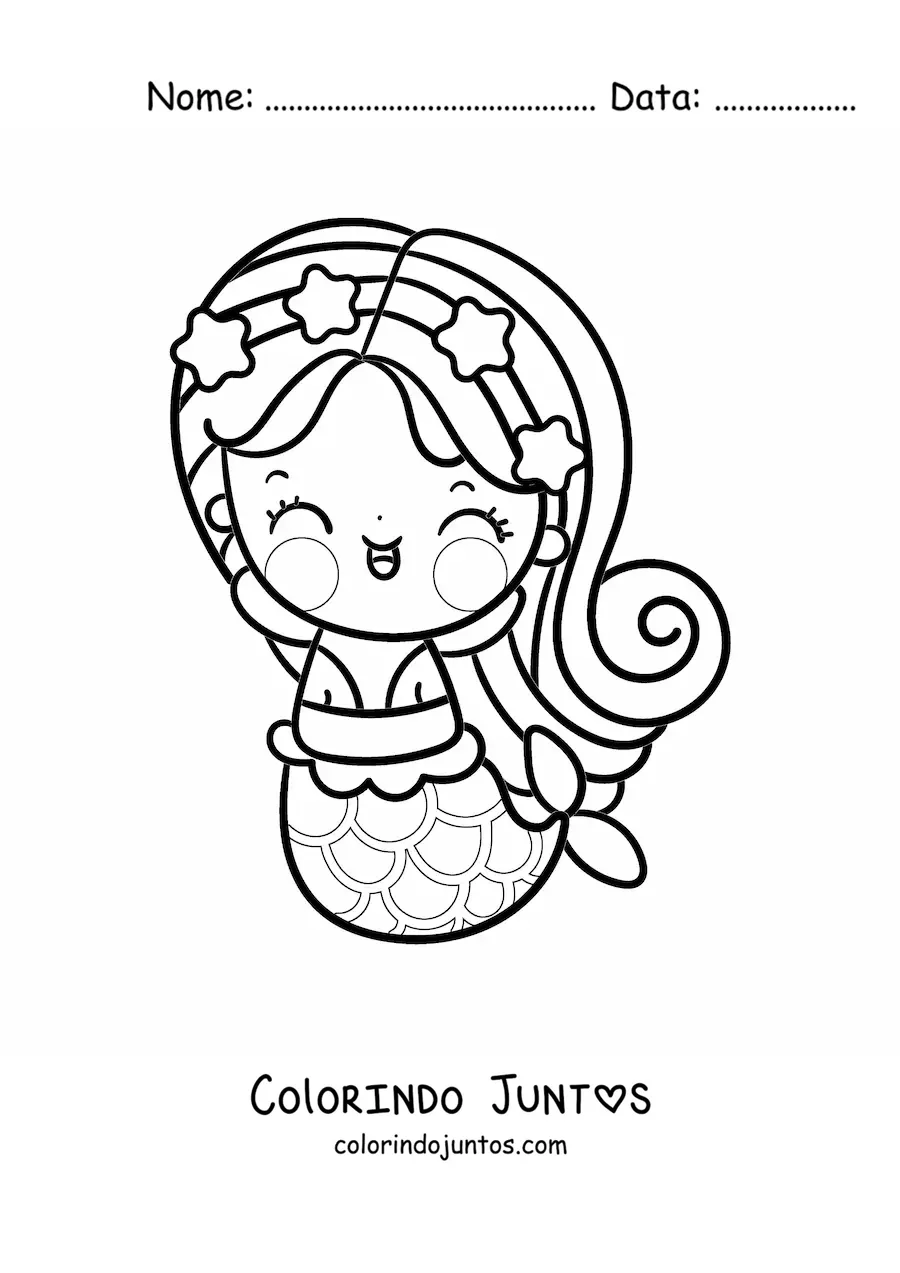 Desenho para colorir de sereia kawaii com coroa de estrelas