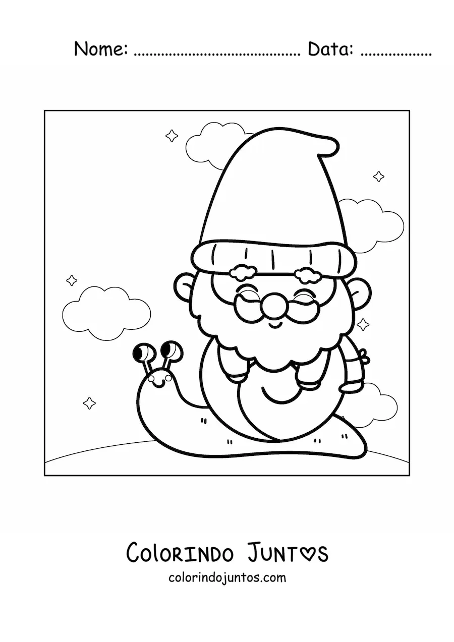 Desenho para colorir de gnomo kawaii sobre um caracol