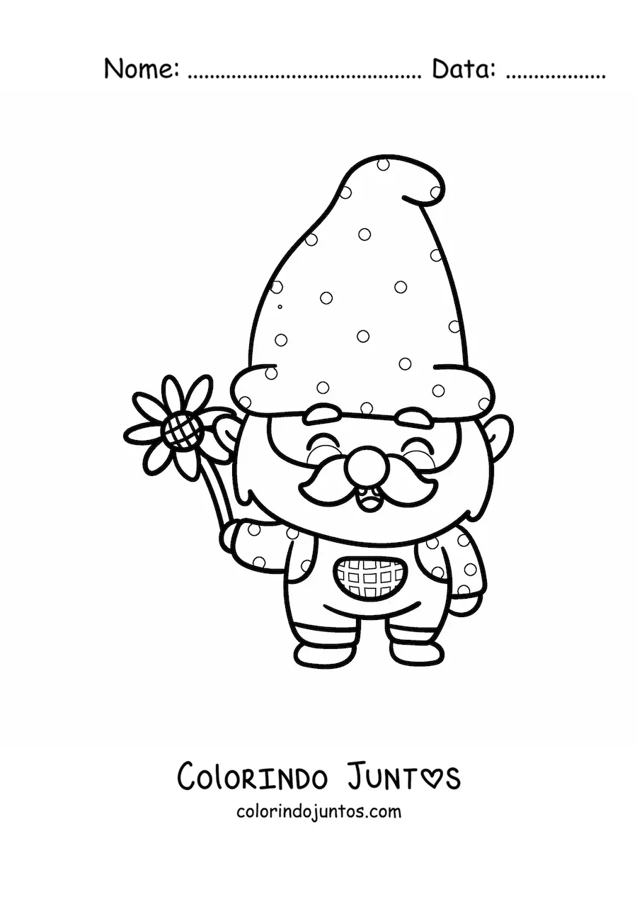 Desenho para colorir de gnomo kawaii com uma flor