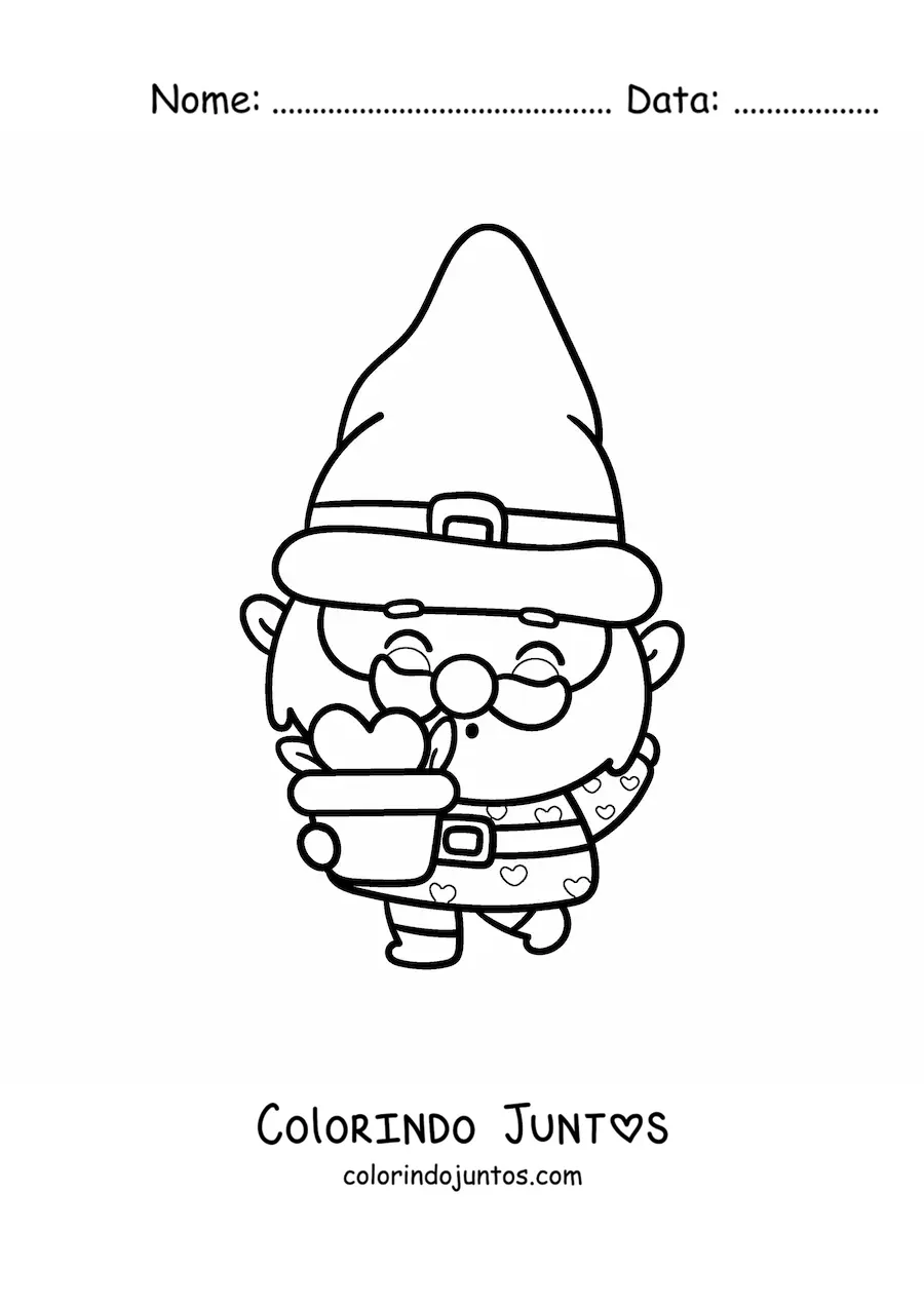 Desenho para colorir de gnomo kawaii com uma planta