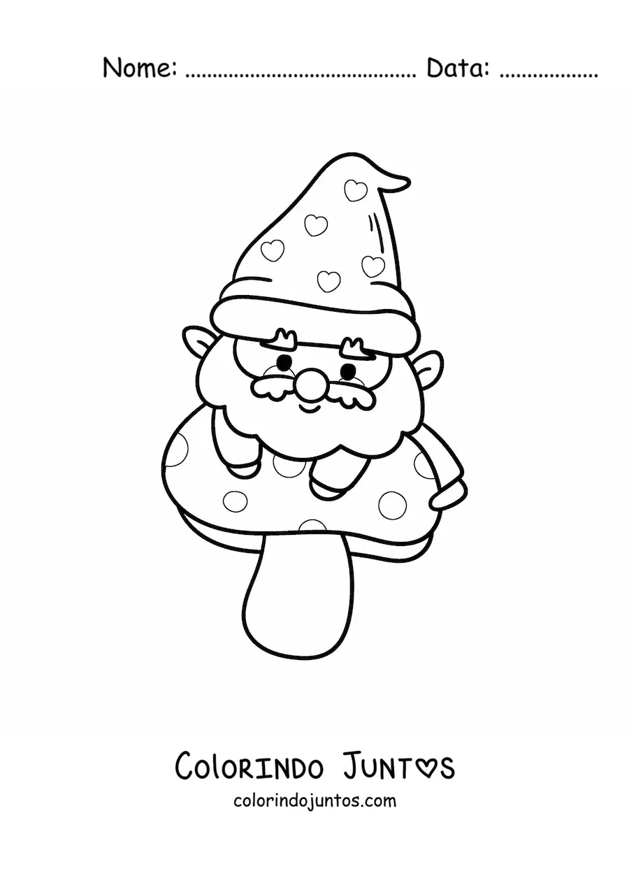 Desenho para colorir de gnomo kawaii sobre um cogumelo