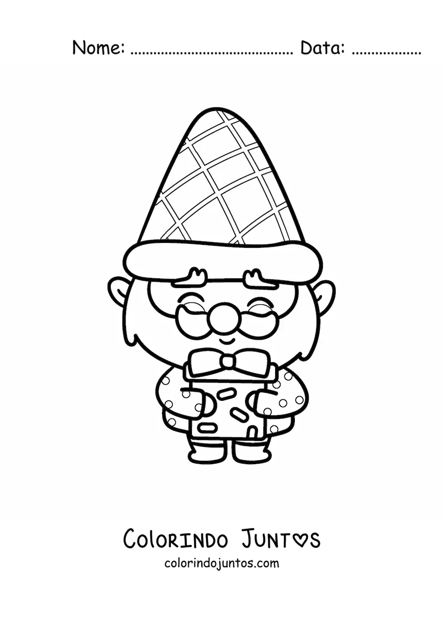 Desenho para colorir de gnomo kawaii com um presente