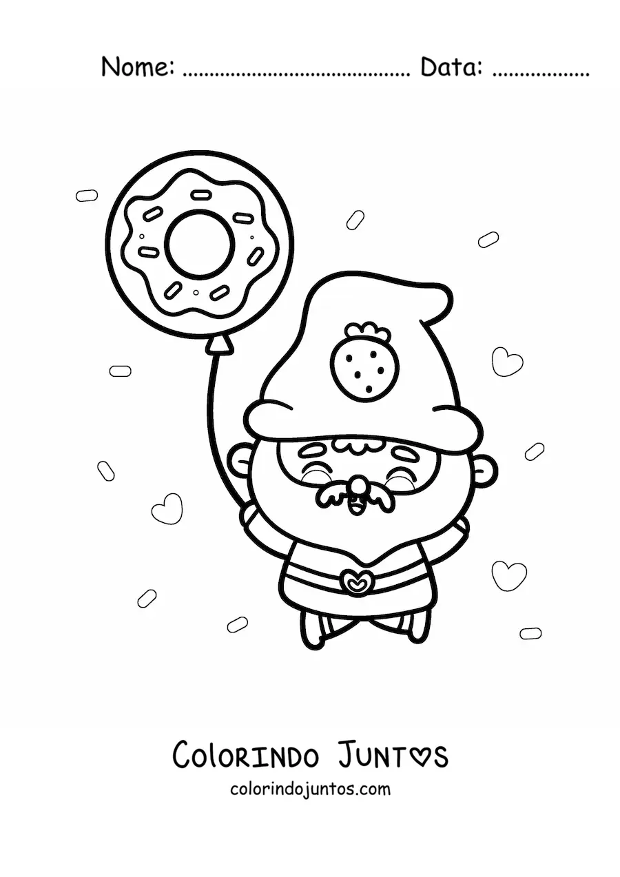 Desenho para colorir de gnomo kawaii com um balão de rosquinha
