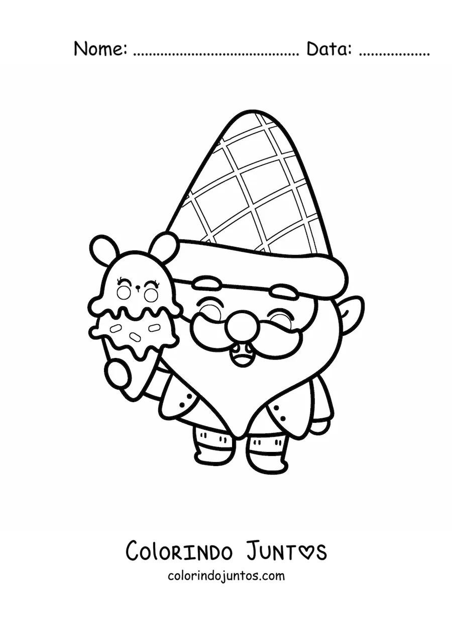 Desenho para colorir de gnomo kawaii com uma casquinha de sorvete