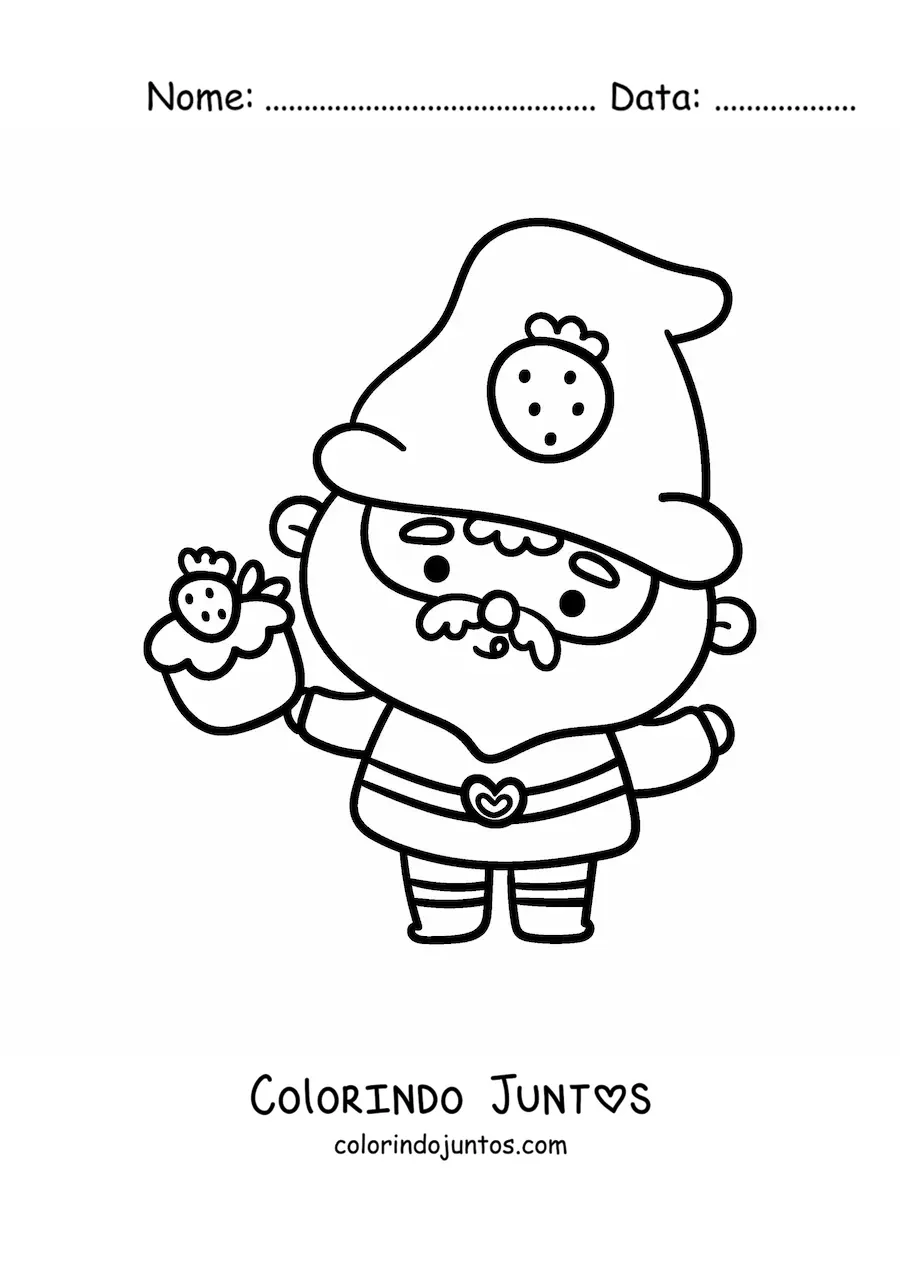 Desenho para colorir de gnomo kawaii com um cupcake de morango