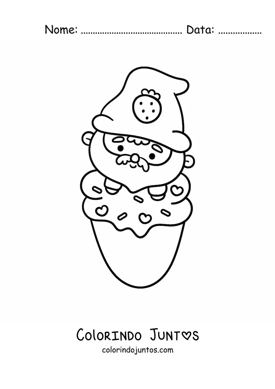 Desenho para colorir de gnomo kawaii sobre um sorvete de morango