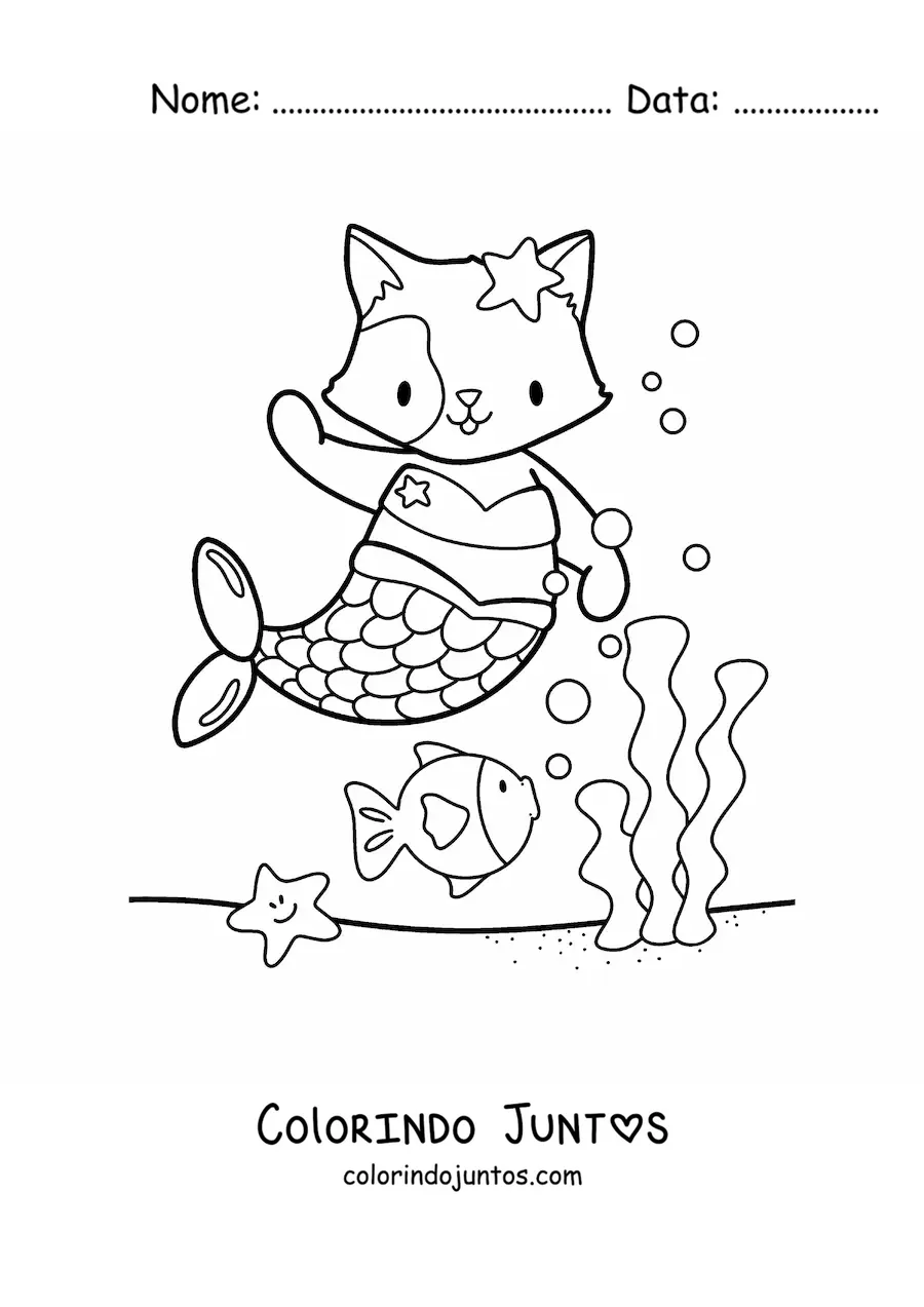 Desenho para colorir de gato sereia kawaii no mar