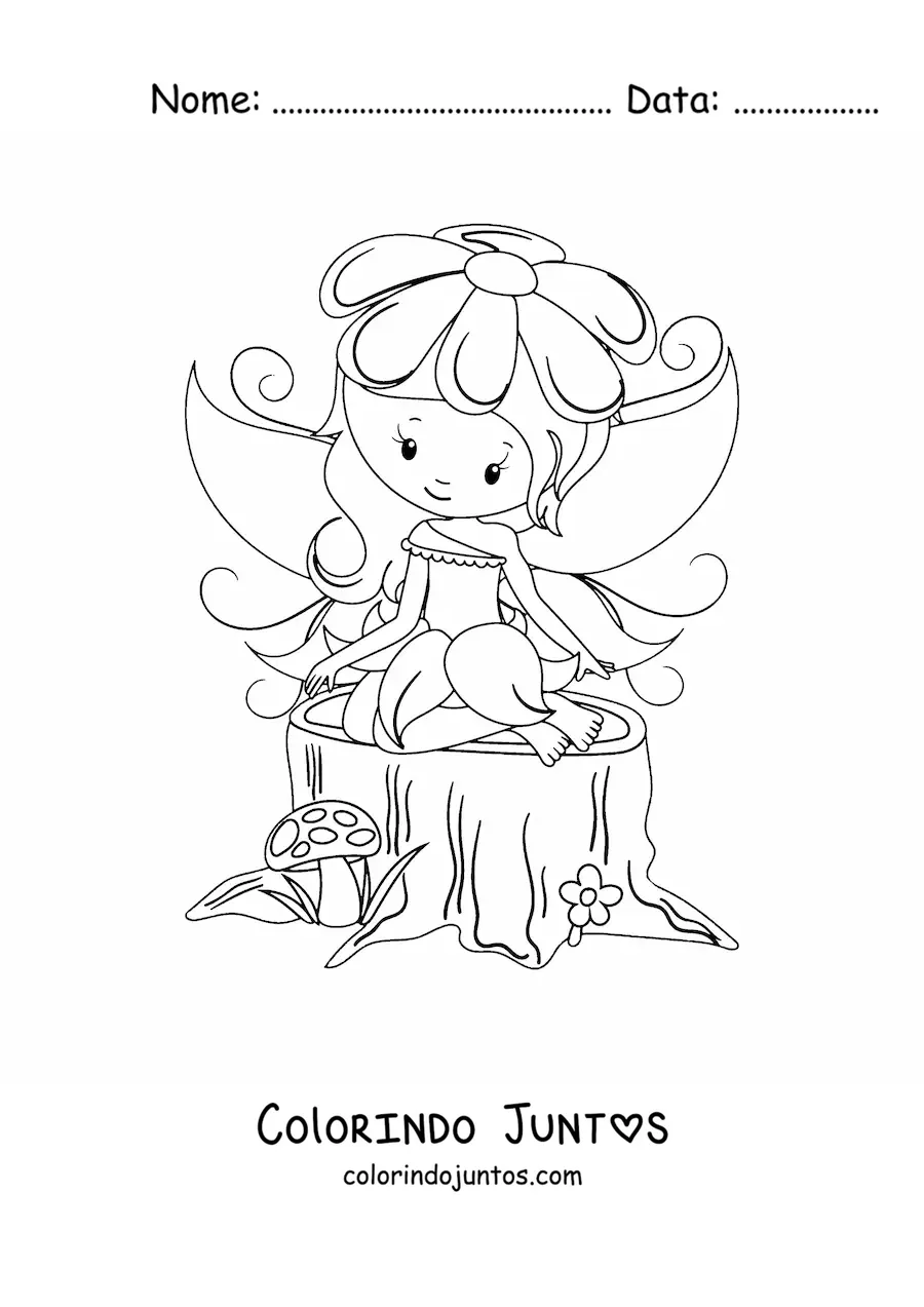 Desenho para colorir de fadinha bebê kawaii na floresta