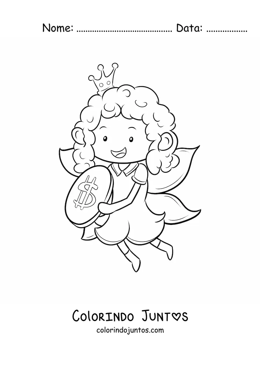 Desenho para colorir de fada do dente kawaii com uma moeda