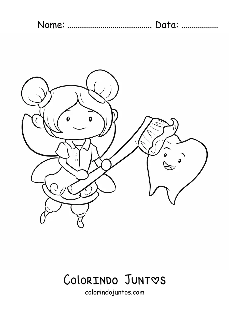 Desenho para colorir de fada do dente kawaii escovando um dente