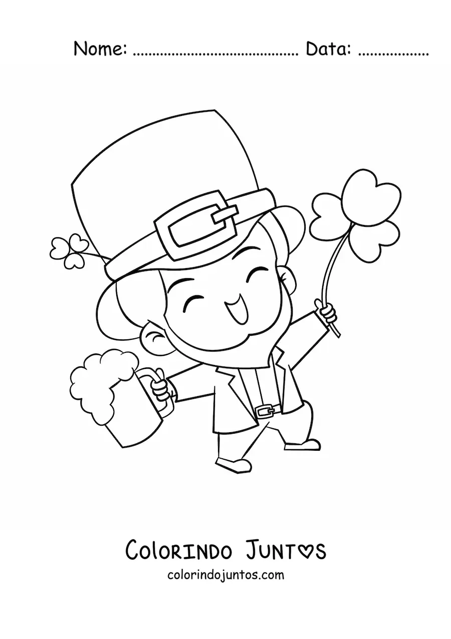 Desenho para colorir de duende irlandês da sorte com um trevo