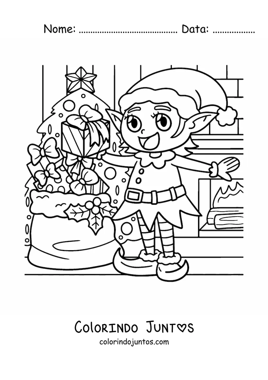 Desenho para colorir de duende de Natal com presentes ao lado da árvore