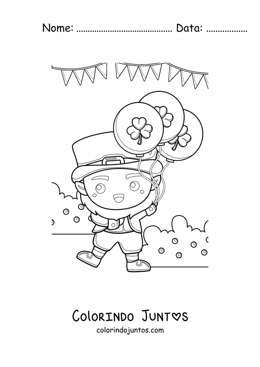Desenho para colorir de duende kawaii com balões de trevo