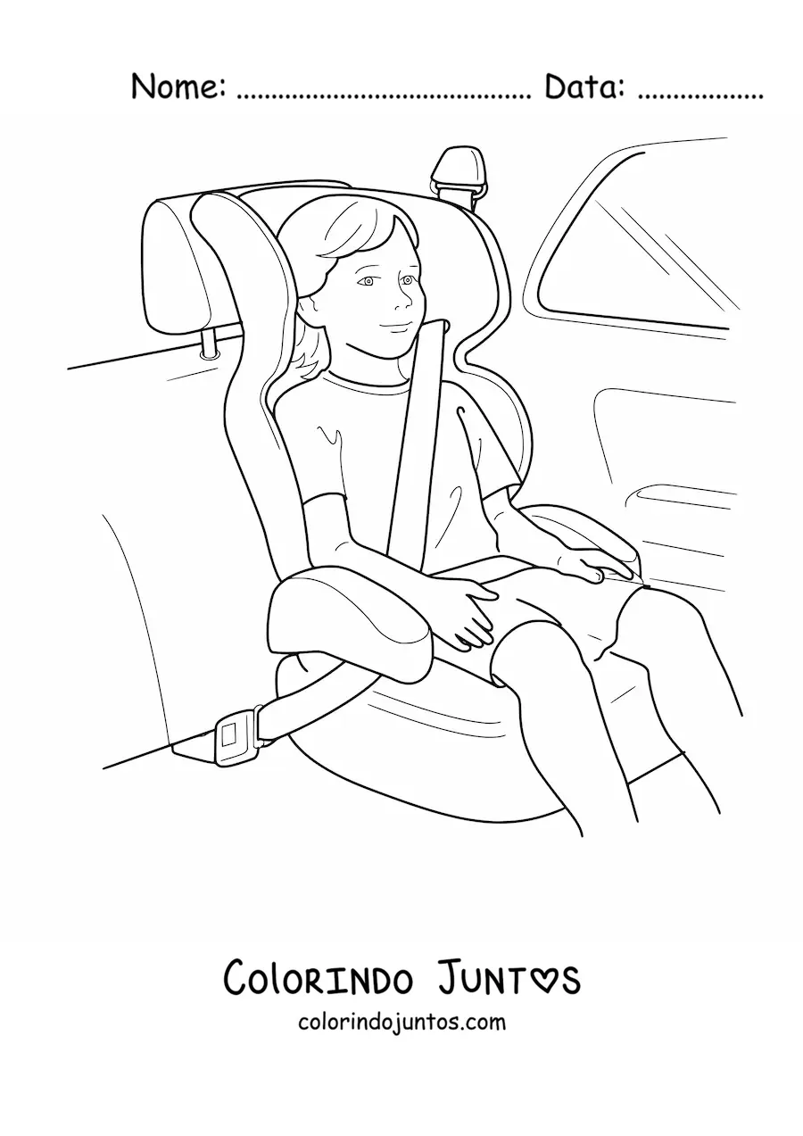 Desenho para colorir de uma criança com cinto de segurança na cadeirinha em um carro