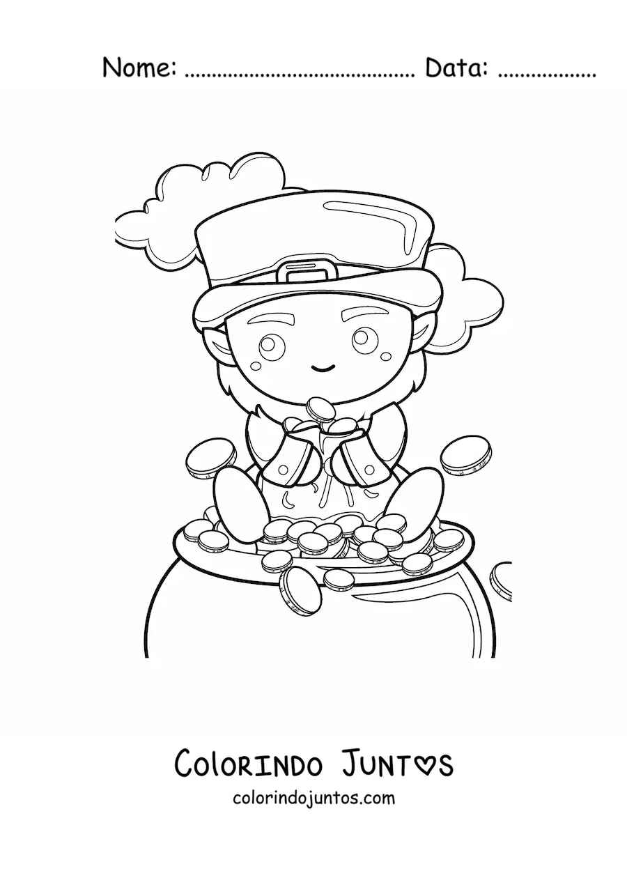 Desenho para colorir de duende kawaii sentado em seu pote de ouro