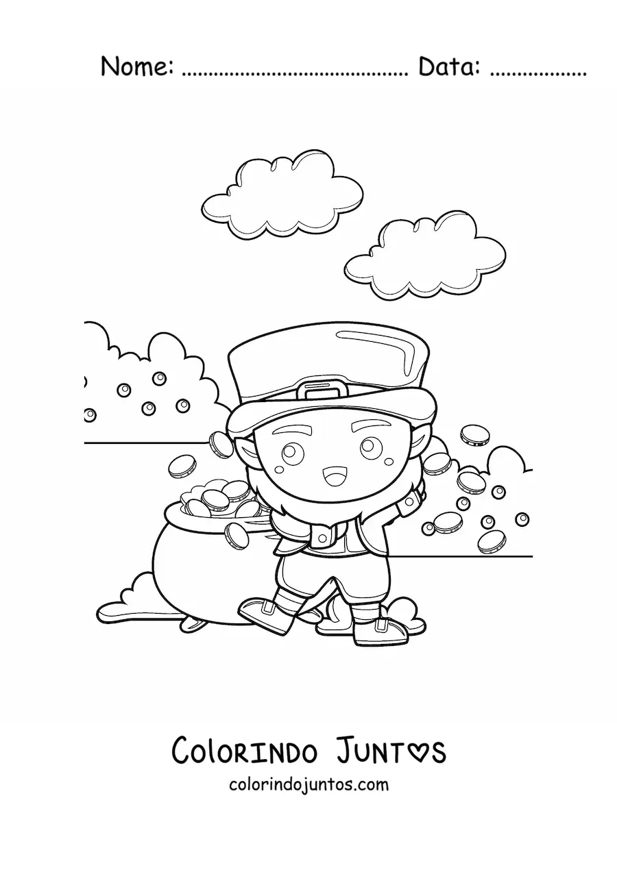 Desenho para colorir de duende kawaii ao lado de seu pote de ouro