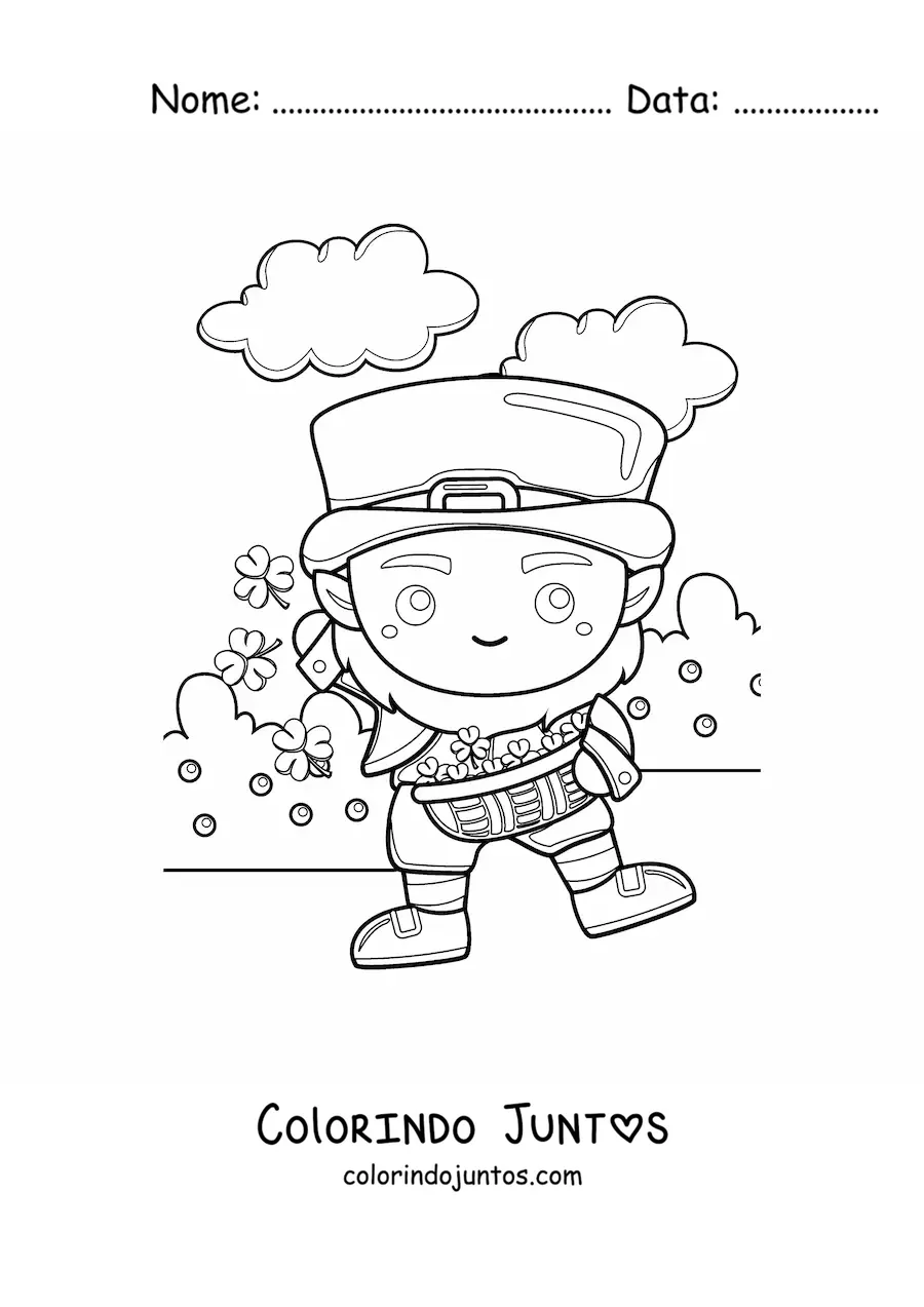 Desenho para colorir de duende da sorte kawaii com trevos