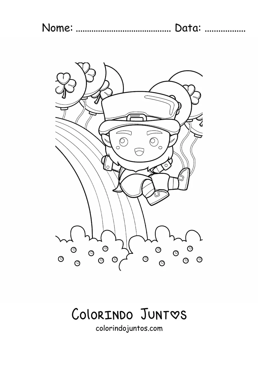 Desenho para colorir de duende da sorte kawaii deslizando em um arco-íris
