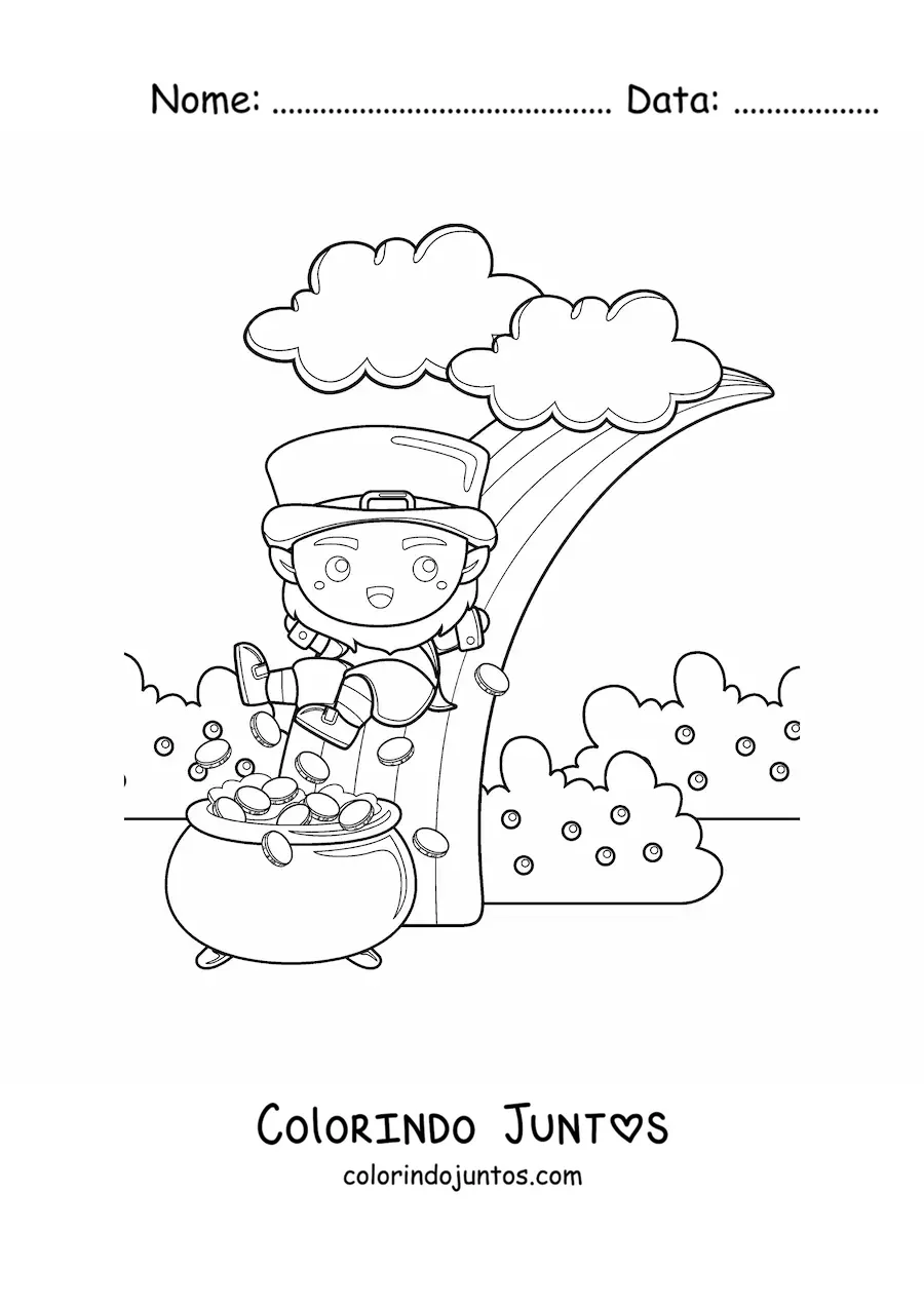 Desenho para colorir de duende kawaii com pote de ouro no fim do arco-íris
