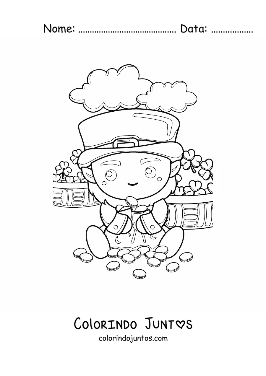 Desenho para colorir de duende da sorte kawaii com ouro e trevos