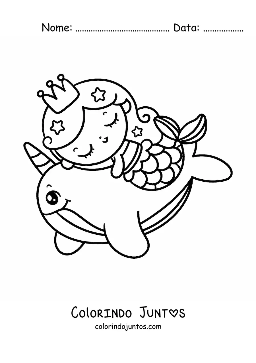 Desenho para colorir de princesa sereia kawaii nadando com um narval