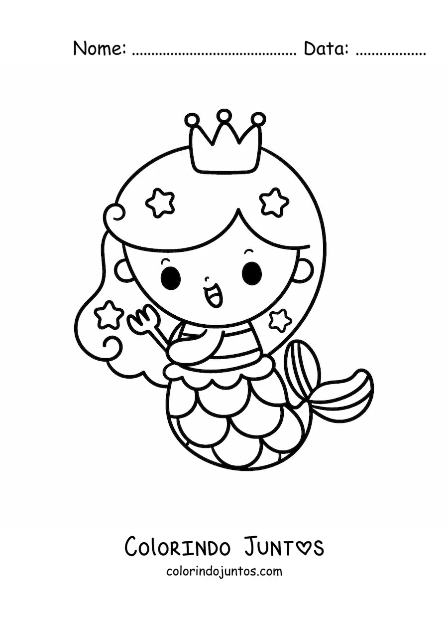 Desenho para colorir de princesa sereia kawaii com um garfo