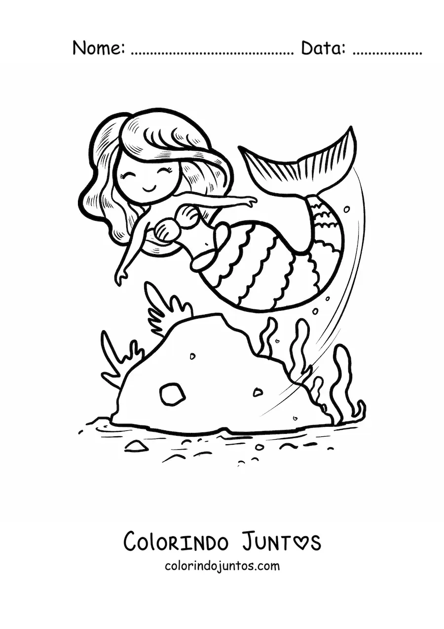 Desenho para colorir de sereia fofa animada nadando no mar