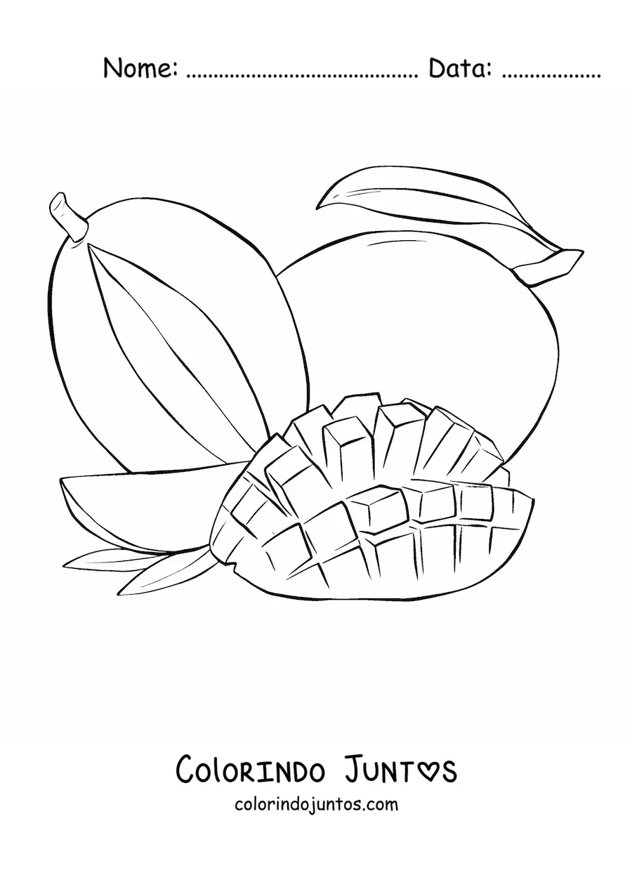 Desenho para colorir de uma manga fatiada em cubos e uma manga inteira ao fundo