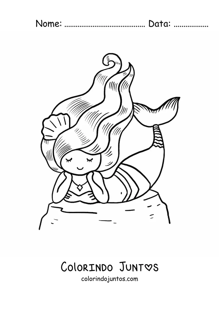 Desenho para colorir de linda sereia deitada em uma pedra