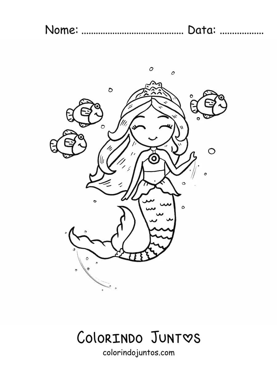 Desenho para colorir de princesa sereia nadando com peixes