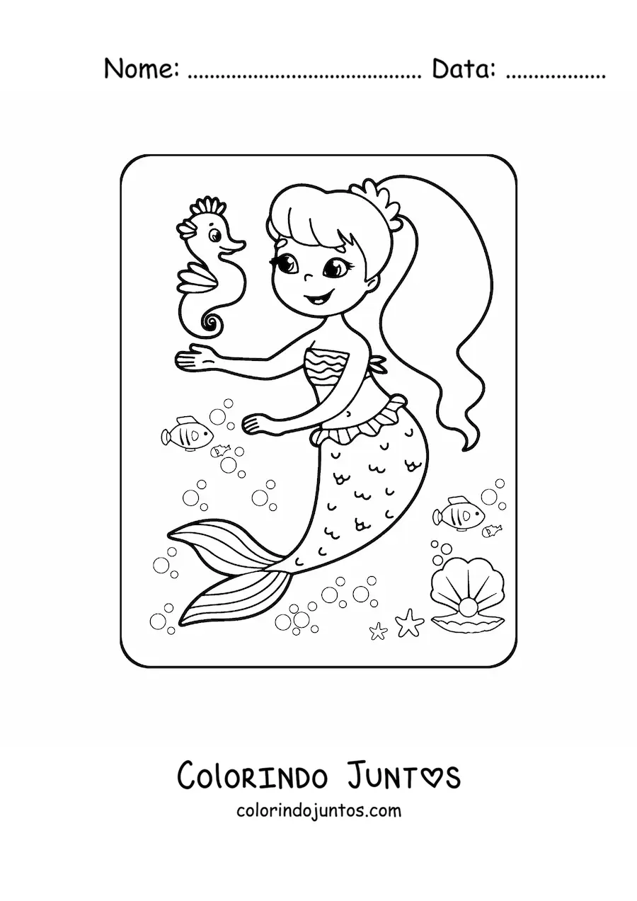 Desenho para colorir de menina sereia com cavalo-marinho