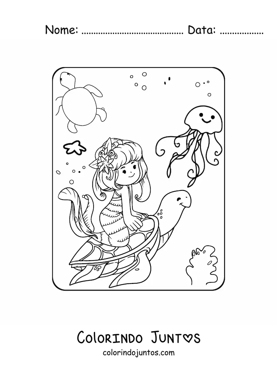 Desenho para colorir de princesa sereia kawaii nadando com uma tartaruga marinha