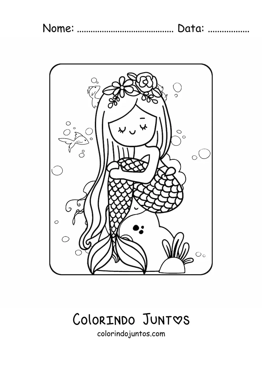 Desenho para colorir de linda sereia sentada em uma pedra