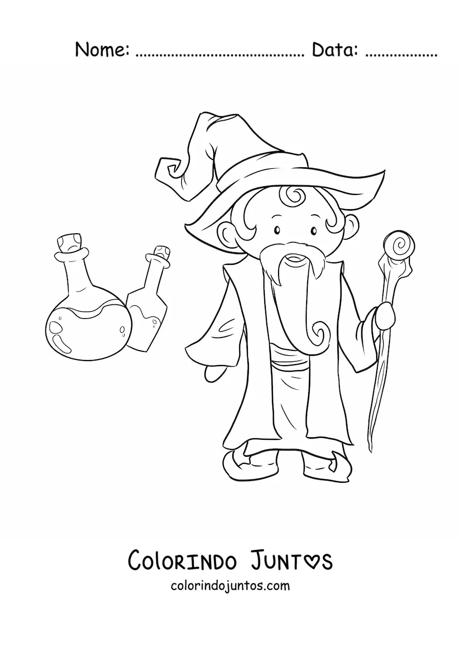 Desenho para colorir de mago com poções