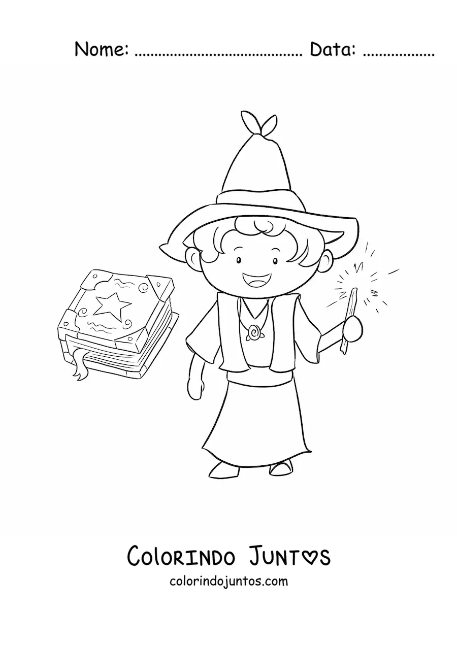 Desenho para colorir de mago com varinha e livro de feitiços