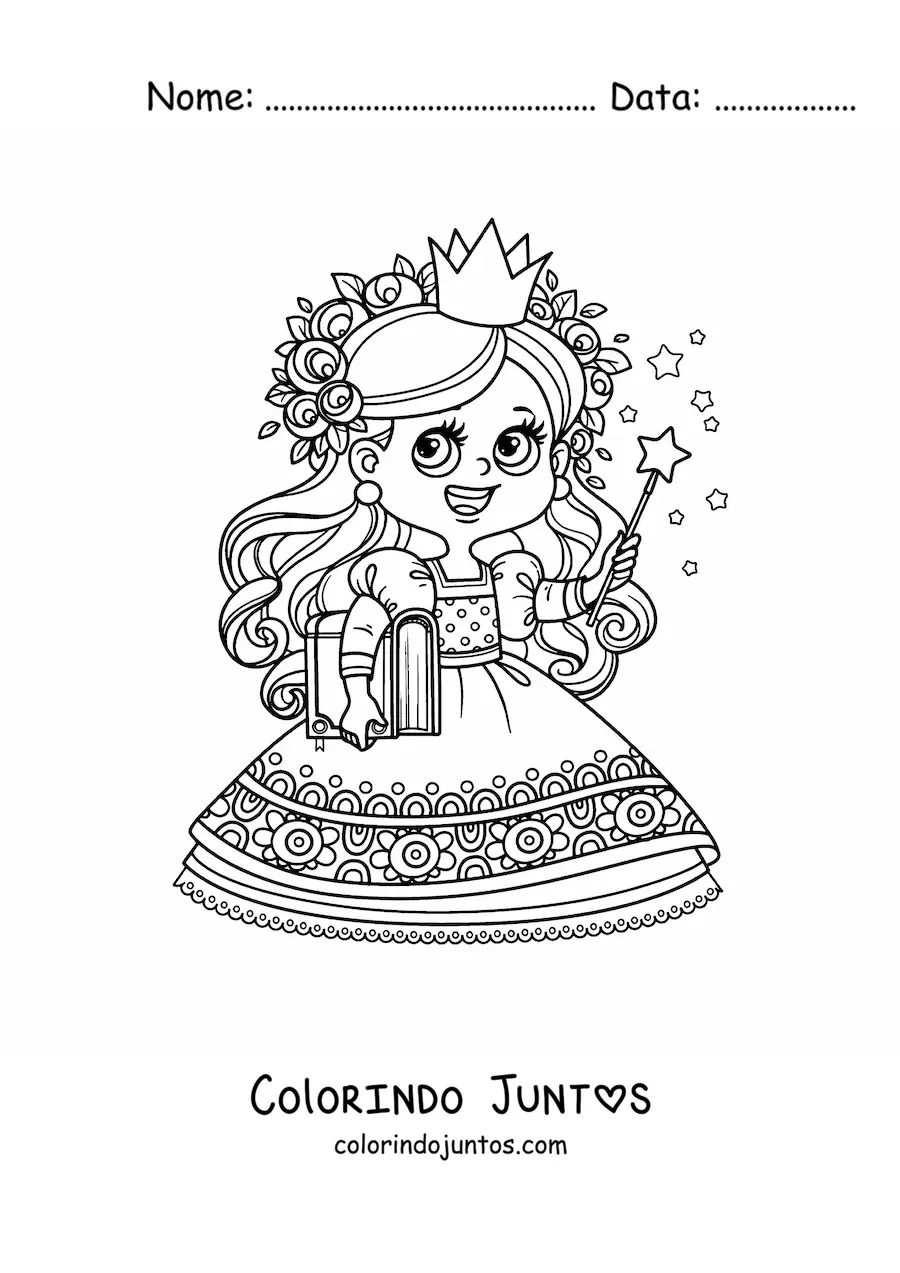 Desenho para colorir de princesa mágica kawaii com livro