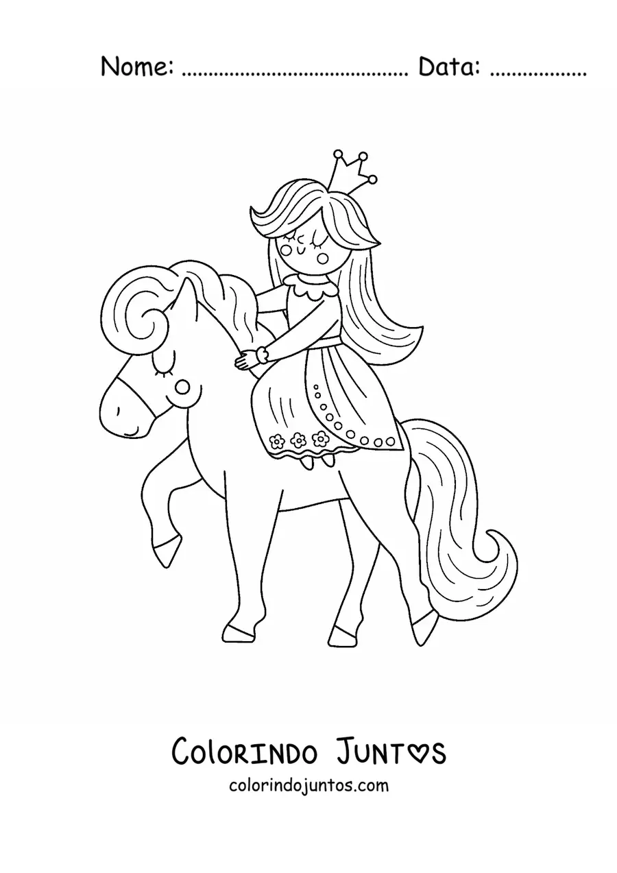 Desenho para colorir de princesa kawaii sobre um pônei