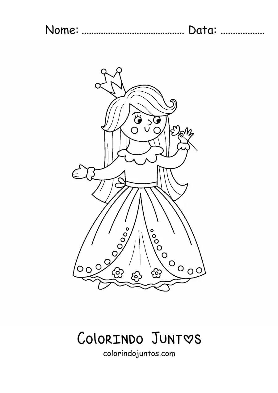 Desenho para colorir de princesa kawaii com uma rosa
