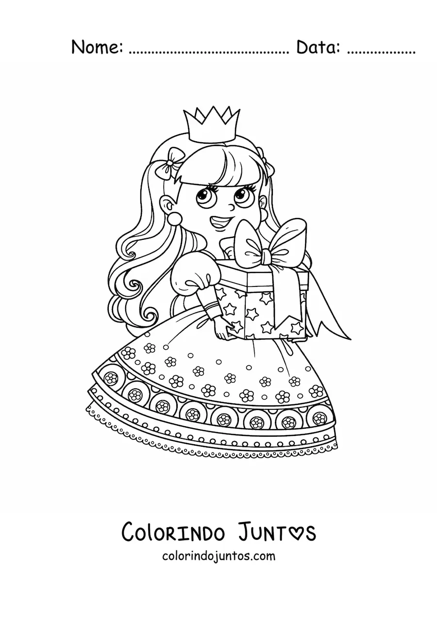 Desenho para colorir de princesa kawaii com presente