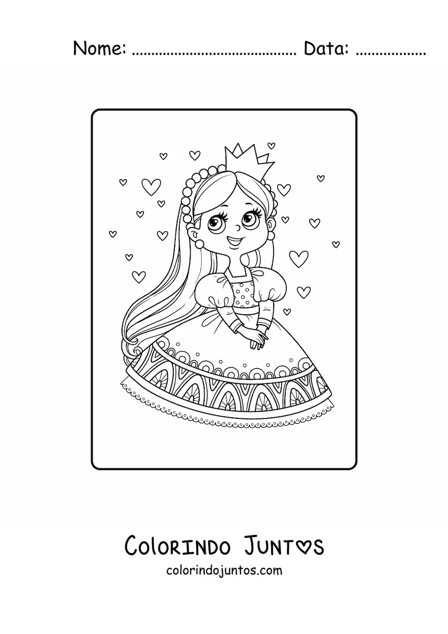 Desenho para colorir de princesa kawaii com corações