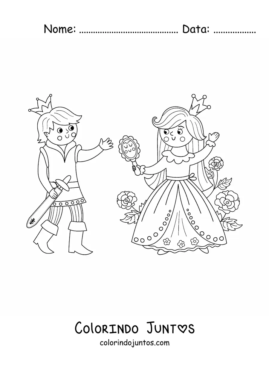 Desenho para colorir de príncipe kawaii e princesa