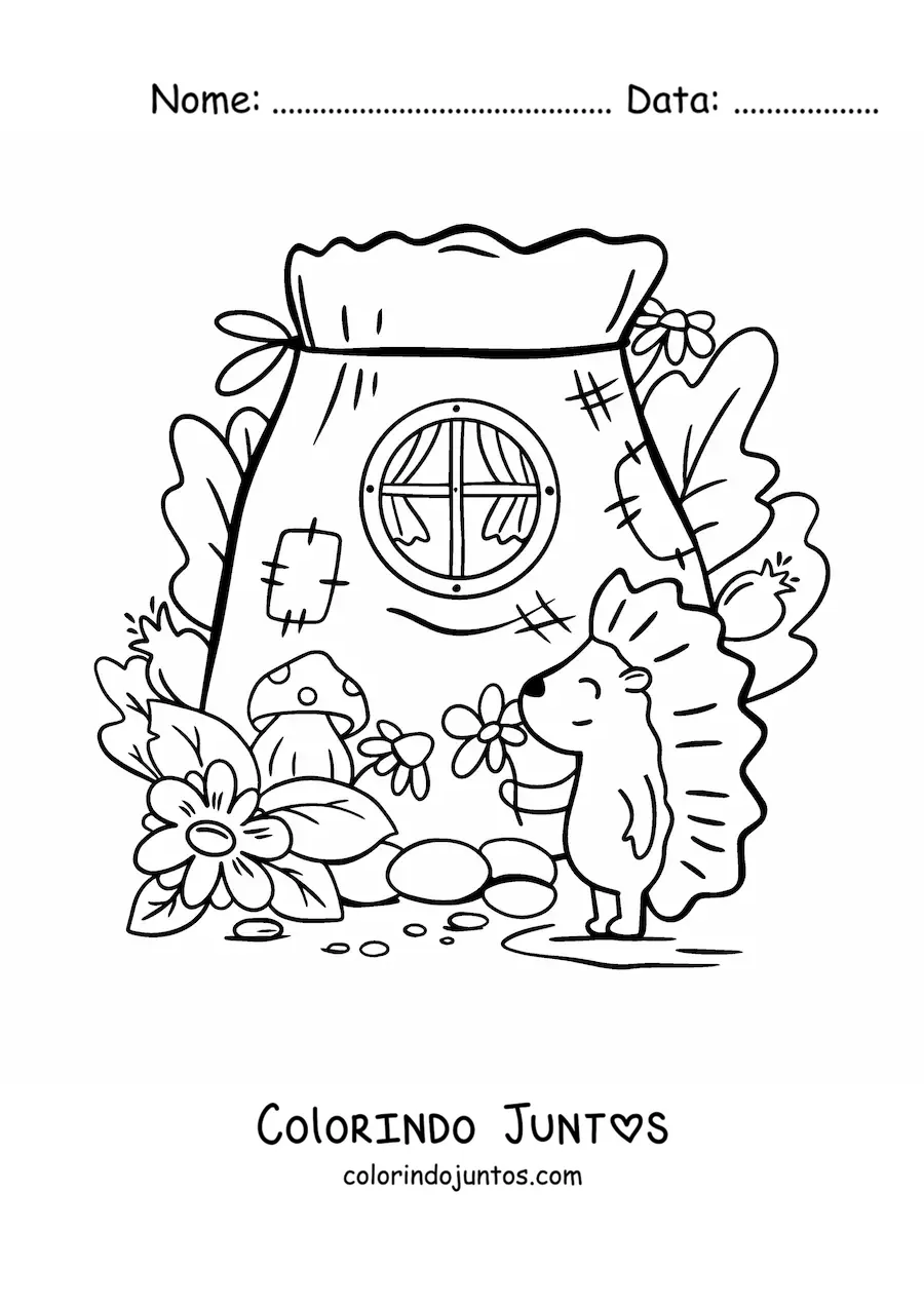 Desenho para colorir de porco-espinho animado e casa da floresta encantada