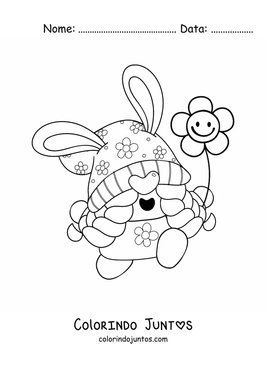 Desenho para colorir de gnomo de Páscoa engraçado com uma flor