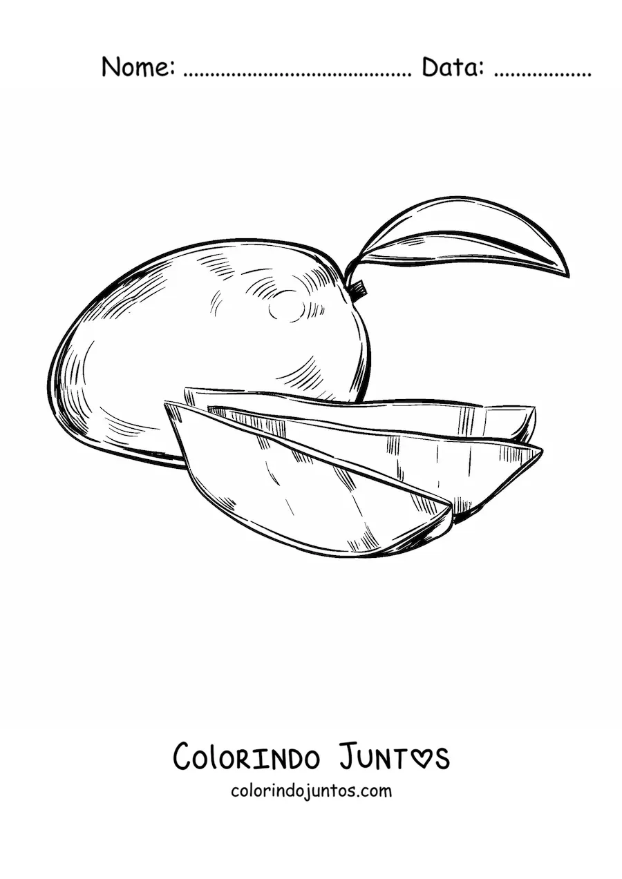 Desenho para colorir de uma manga fatiada e uma manga inteira ao fundo