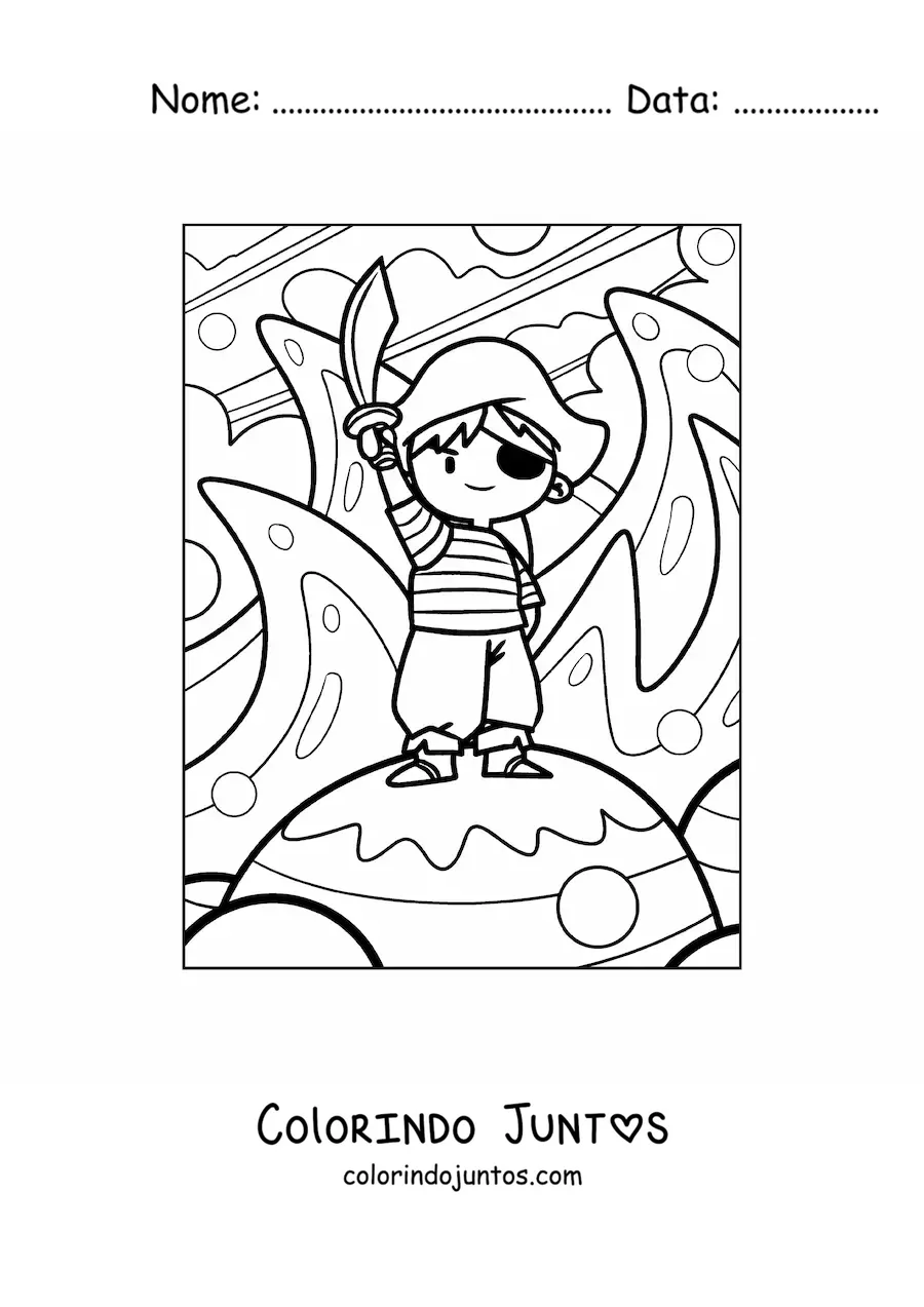 Desenho para colorir de menino pirata animado com espada em uma ilha
