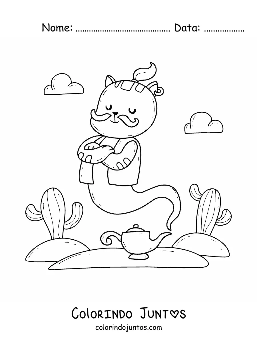Desenho para colorir de gato gênio kawaii animado saindo da lâmpada