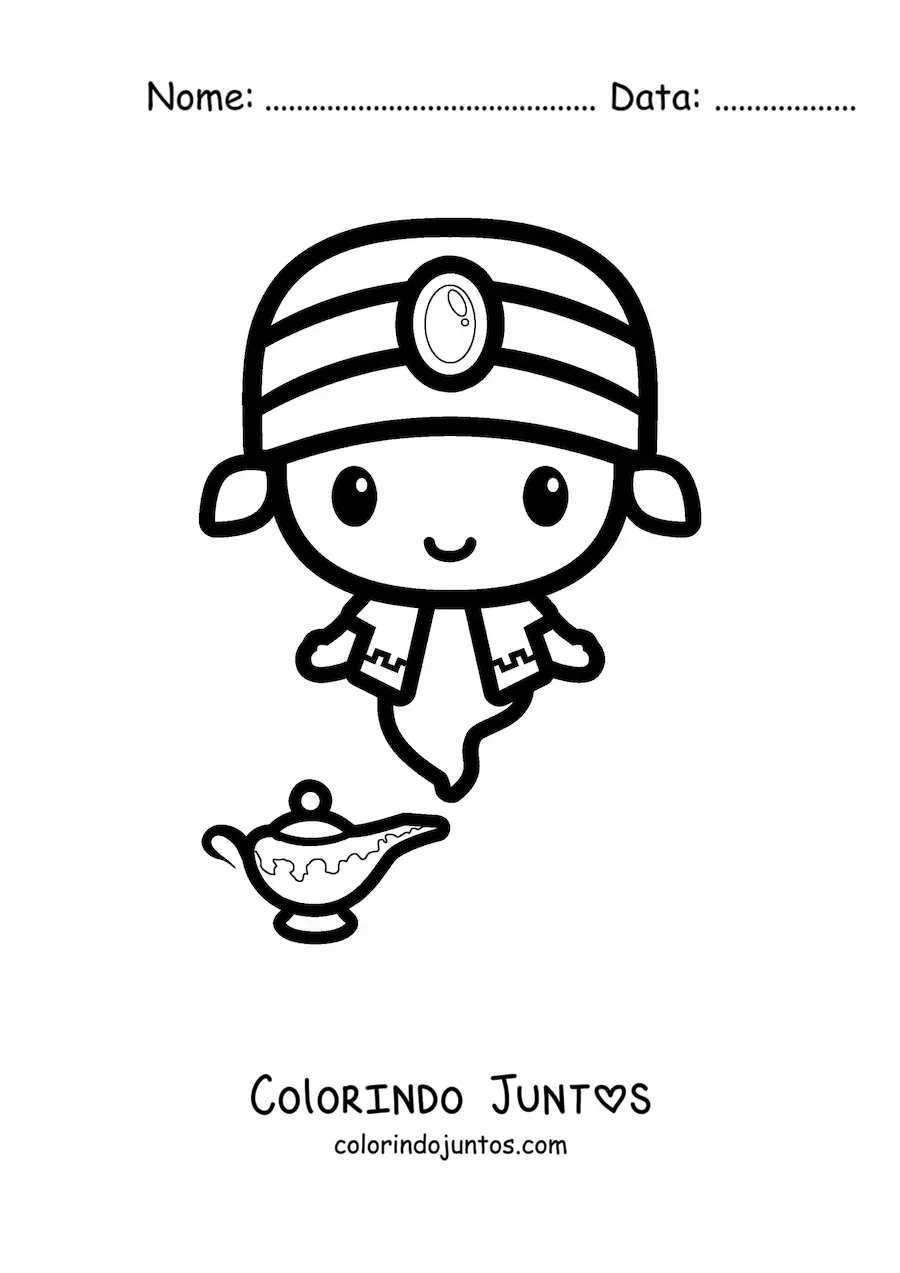 Desenho para colorir de gênio kawaii fácil saindo da lâmpada