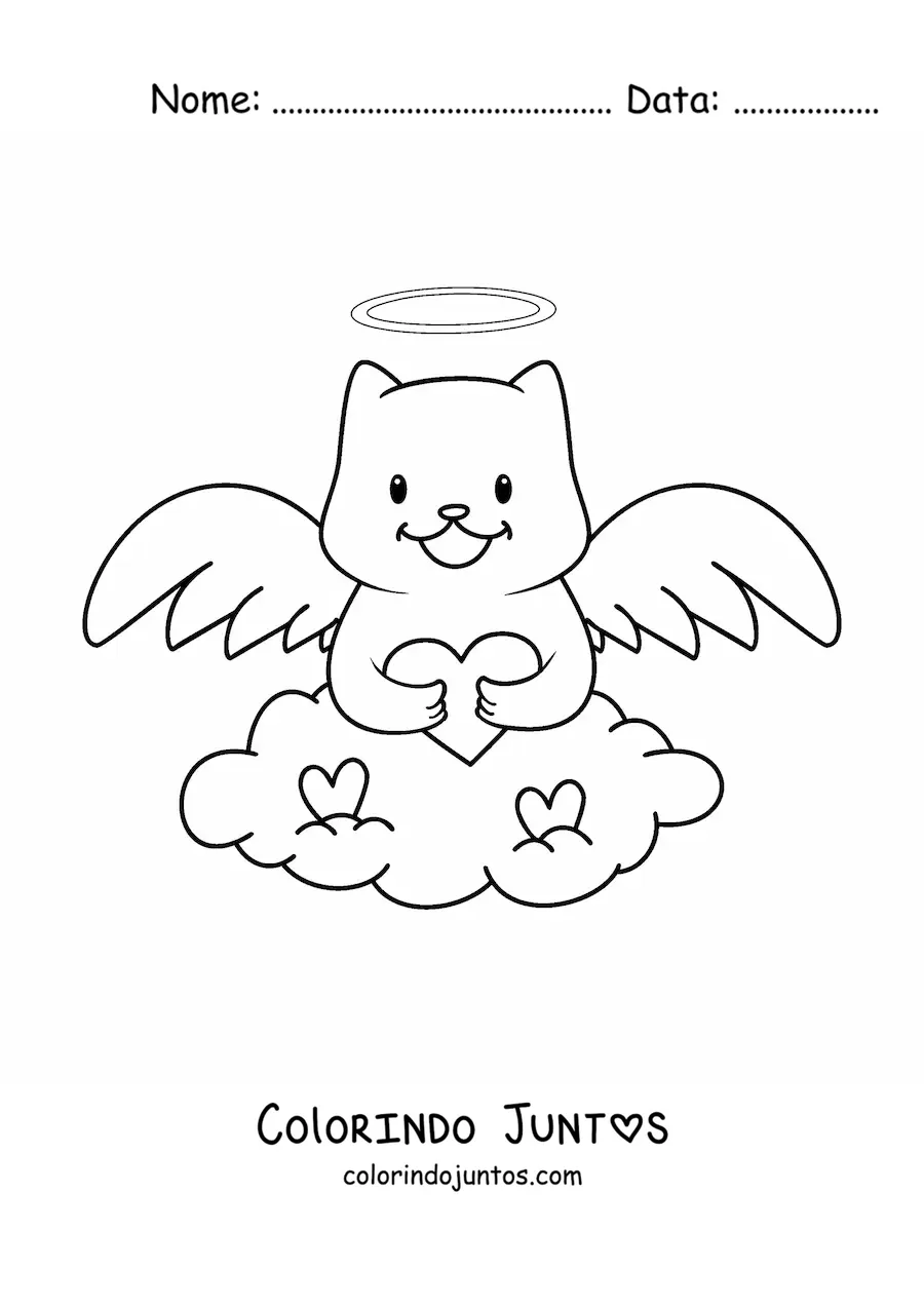 Desenho para colorir de gato anjo animado com coração no céu