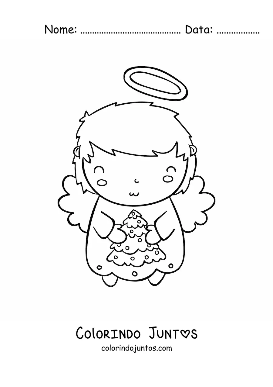 Desenho para colorir de anjo natalino animado com arvorezinha